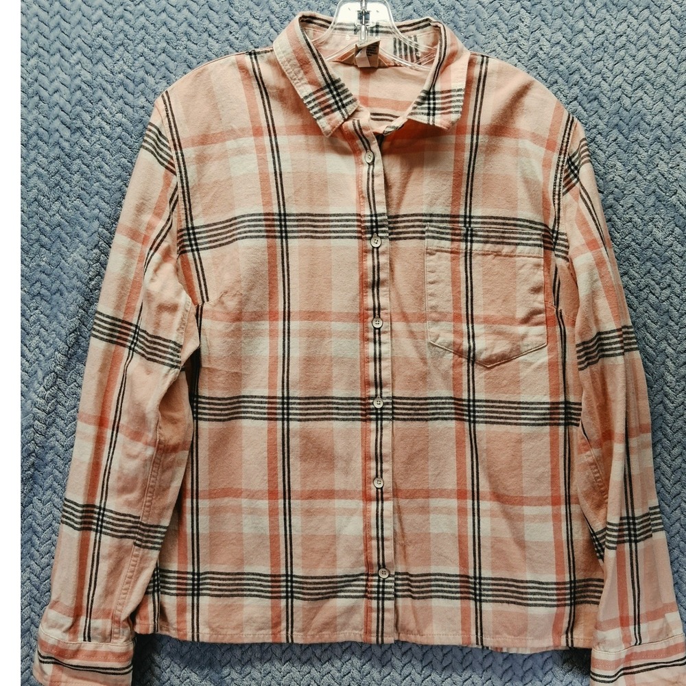 Duluth Trading Co Womens XL Peach Plaid Flannel Button Down Shirt Cotton